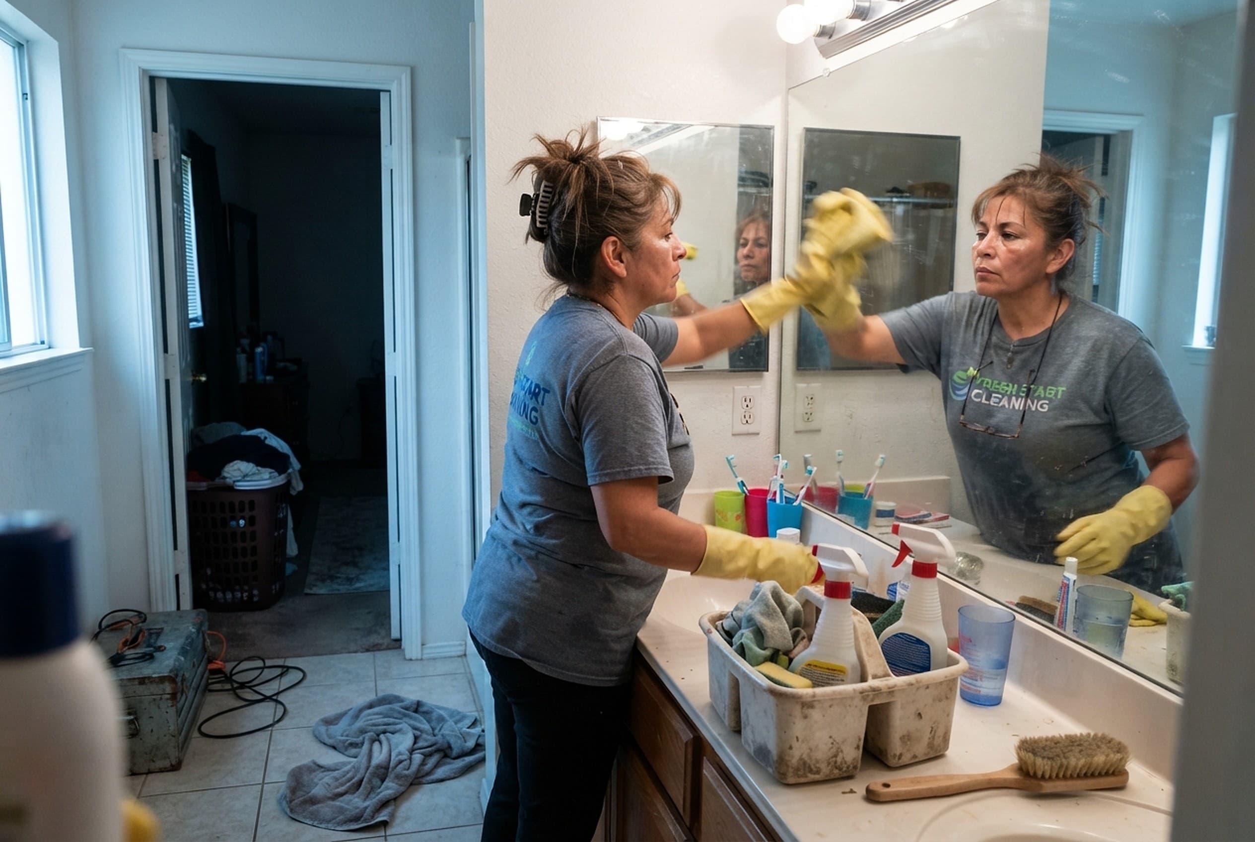 House cleaner wiping a bathroom mirror