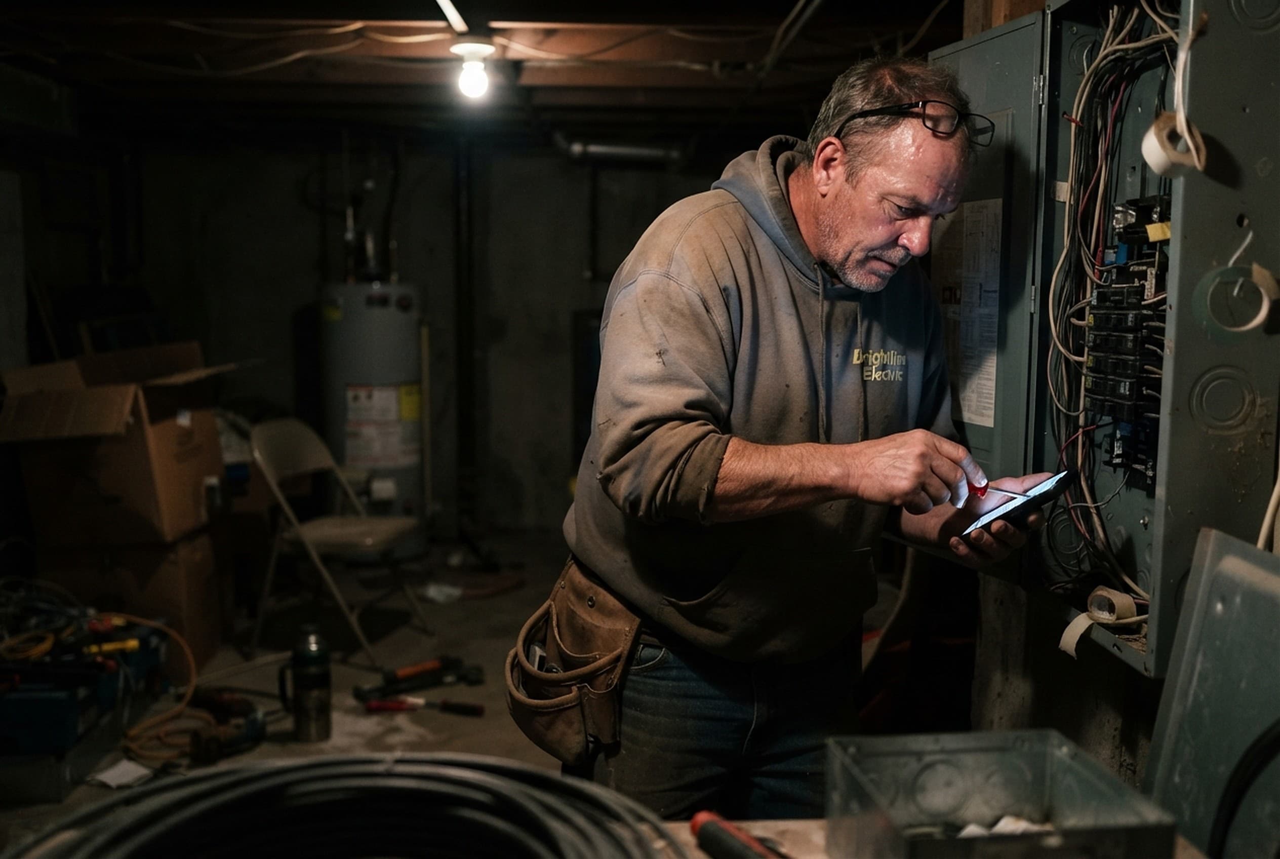 Electrician checking a breaker panel with a tester in a basement