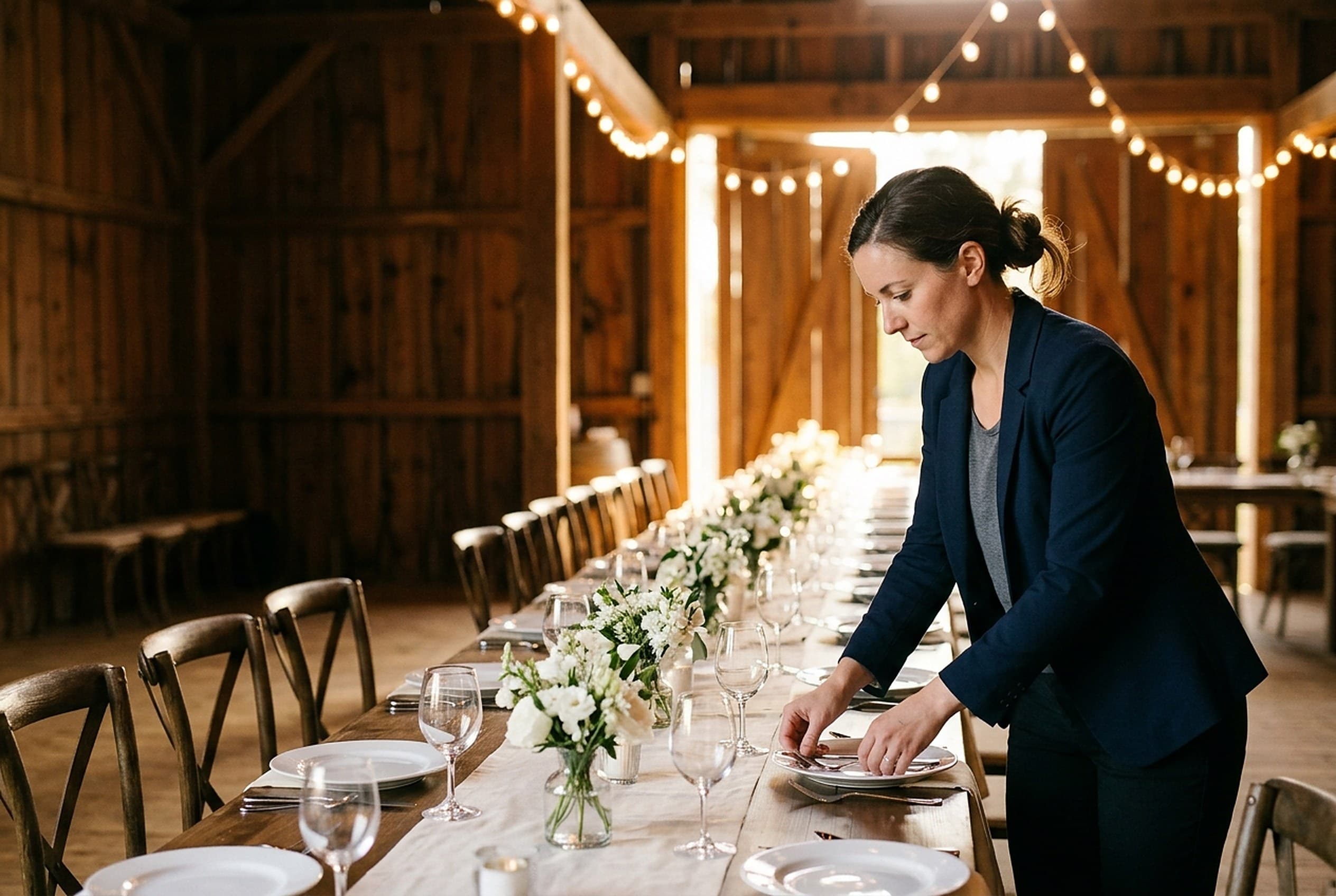 Venue coordinator setting a long table in a decorated event space