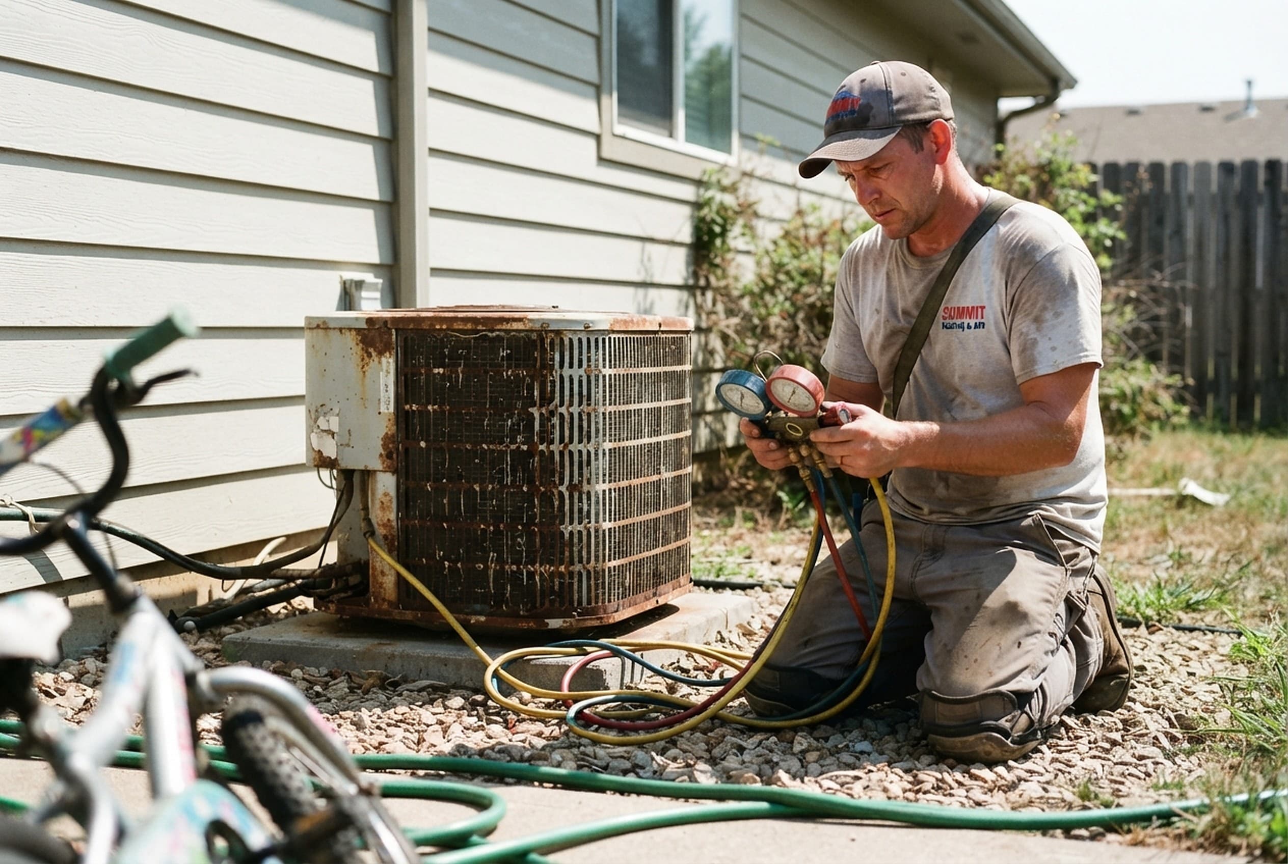 HVAC technician checking refrigerant pressure at an outdoor condenser