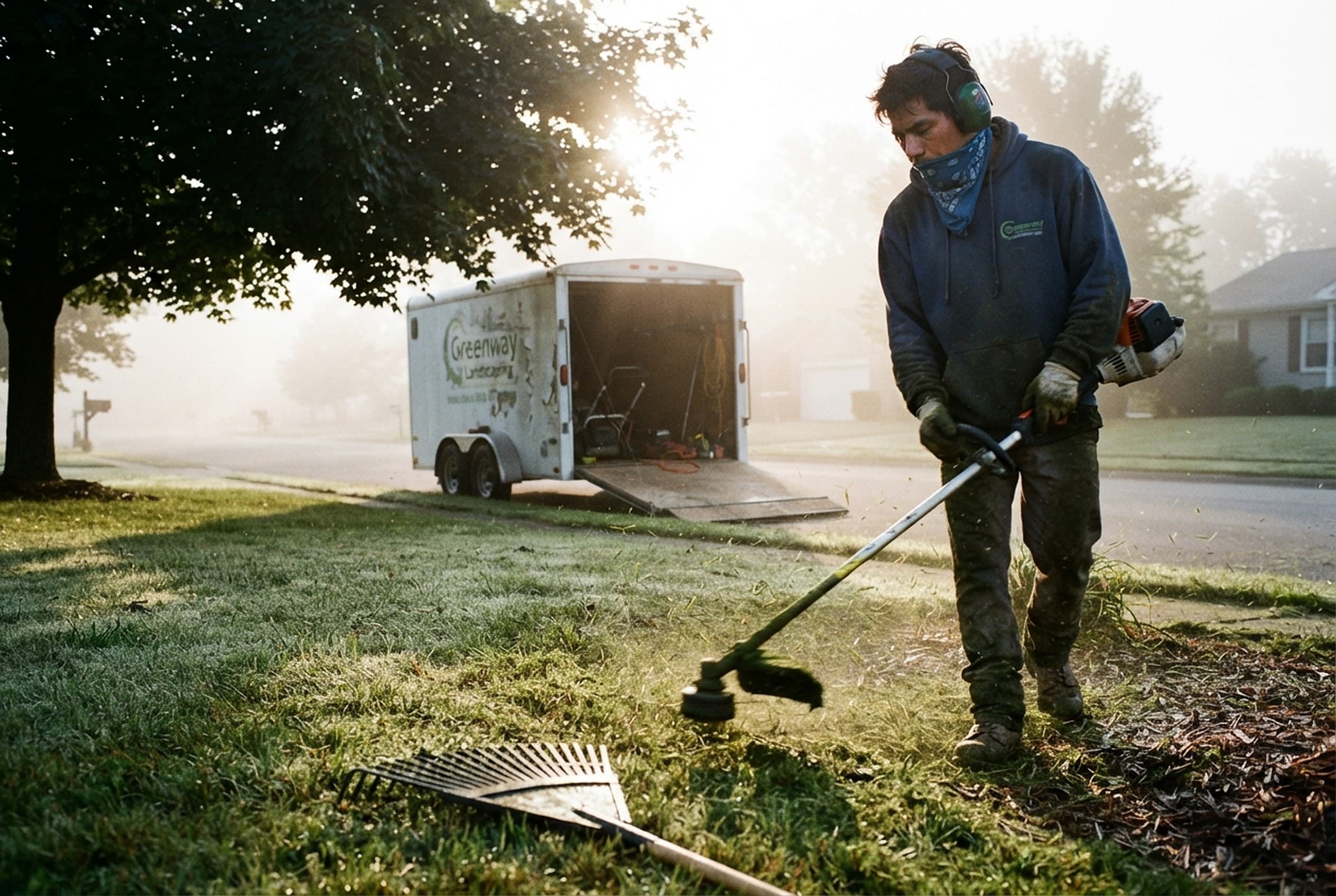 Landscaper edging a lawn with a string trimmer beside the company trailer