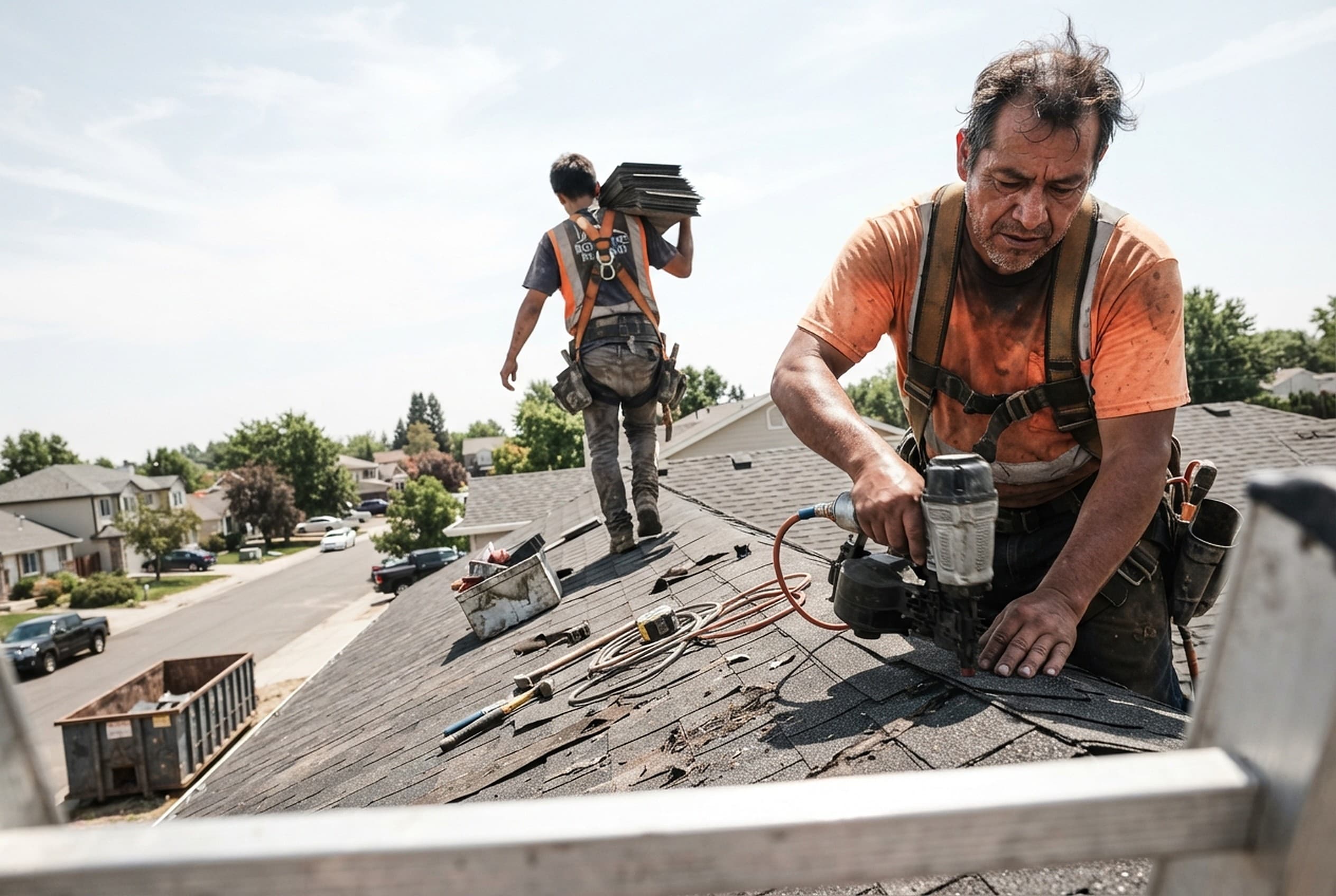 Roofer nailing shingles on a residential roof while a crew member carries a bundle
