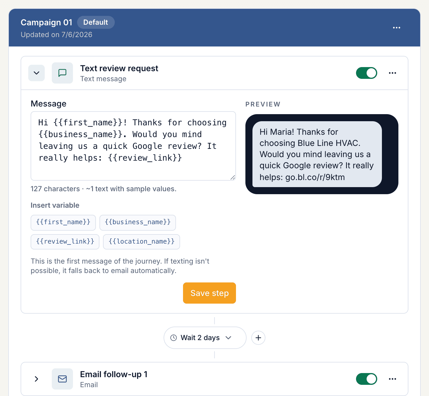 ReviewNudger drip campaign editor with the text review request step open for editing, followed by email follow-ups with wait steps