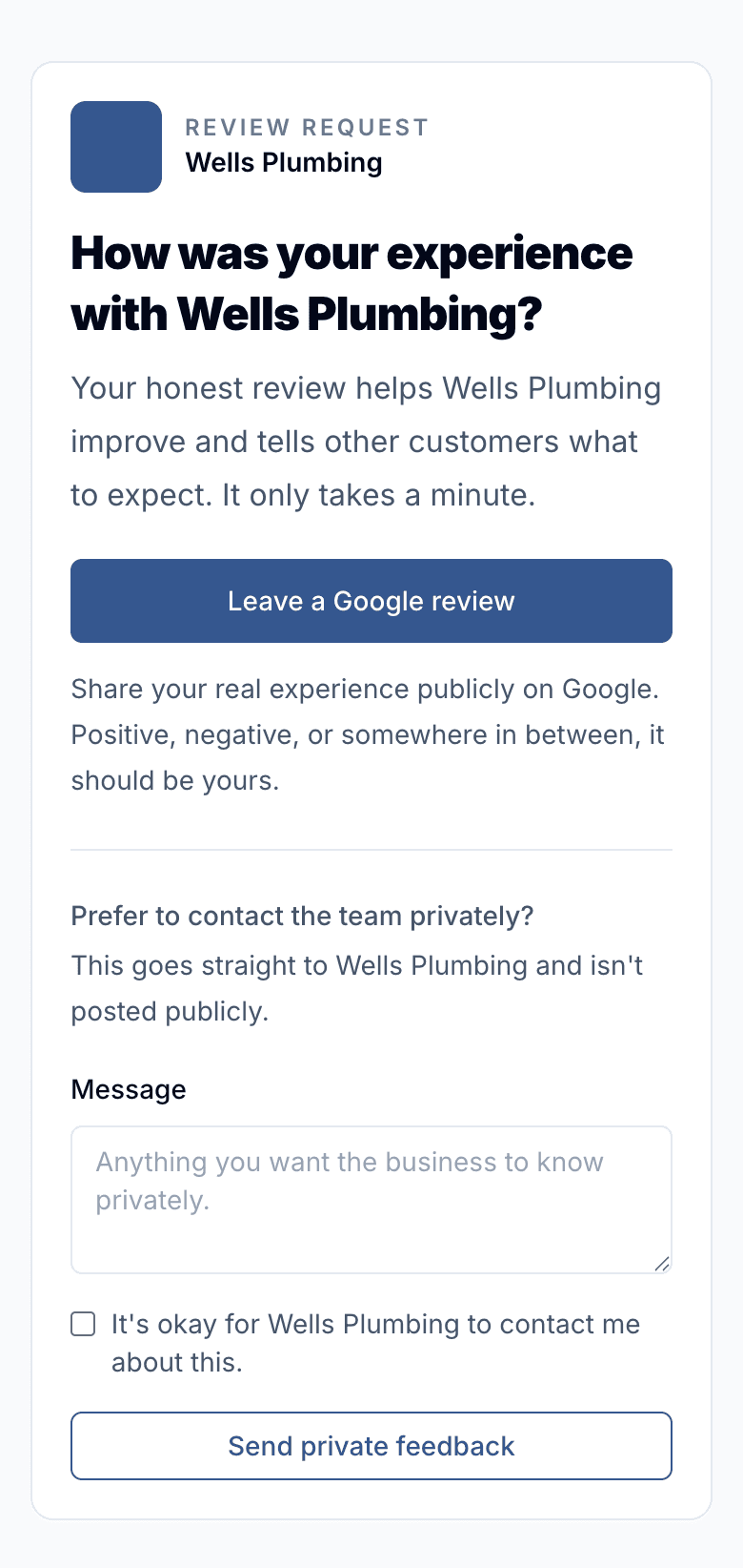 Customer-facing review request page with a Leave a Google review button and a private feedback form