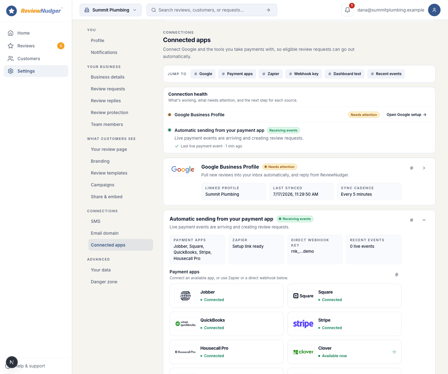 ReviewNudger connected-apps view showing payment connection and recent-event health for the fictional Summit Plumbing walkthrough, including Square