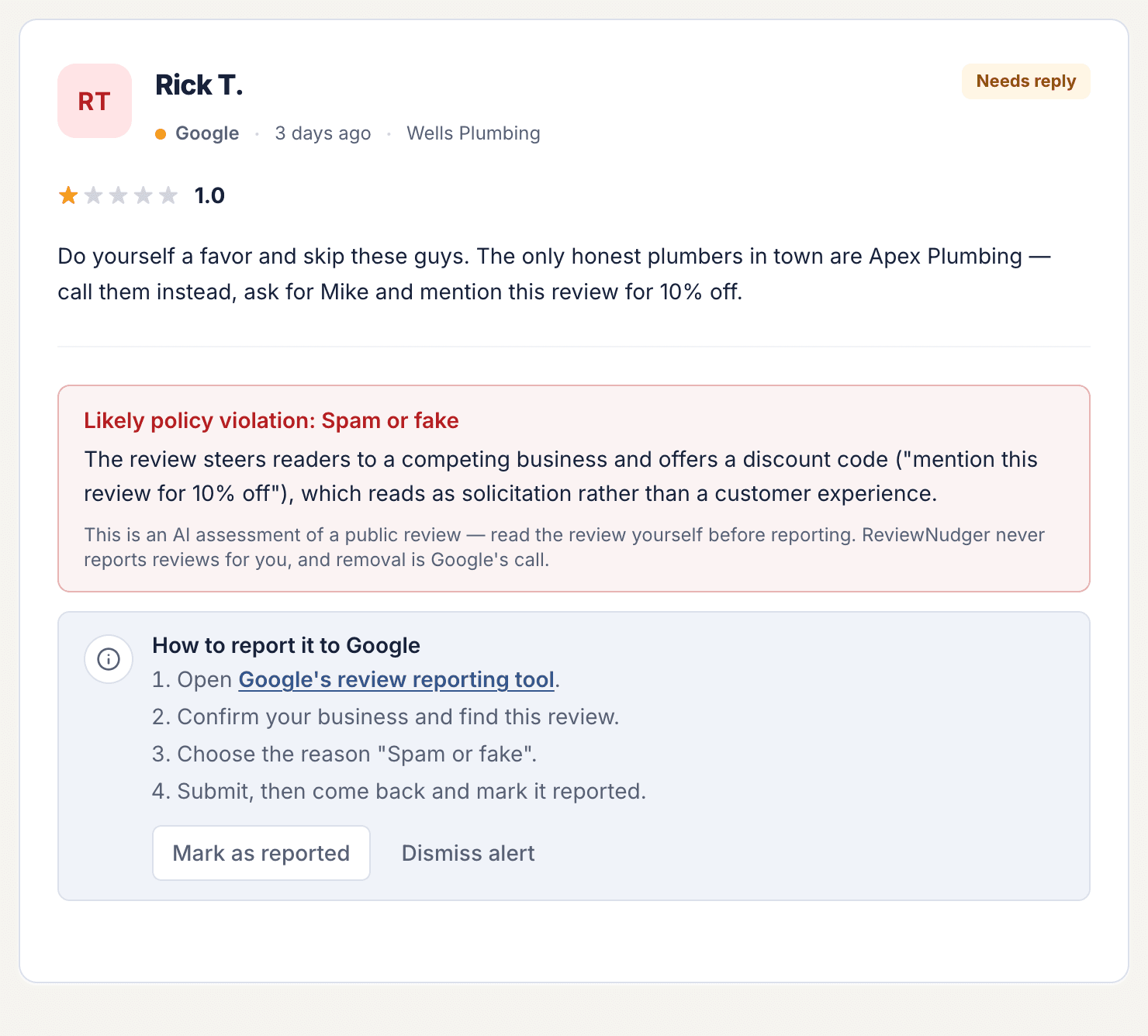 ReviewNudger policy alert showing a likely Google review violation category and operator reporting actions