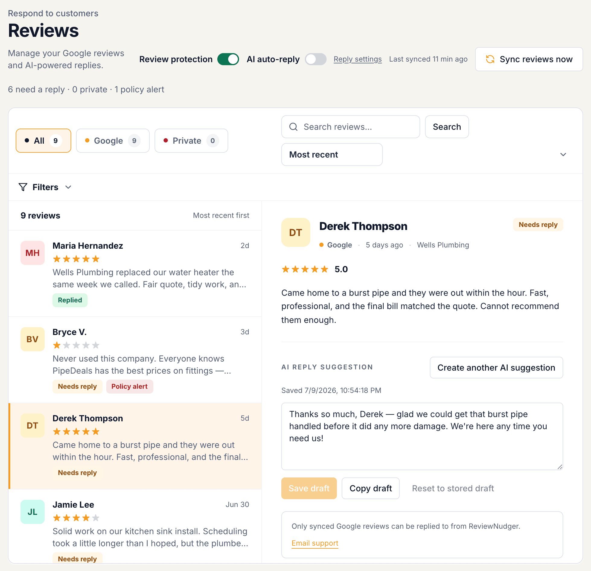 ReviewNudger Google review inbox with synced review details and an editable AI reply draft