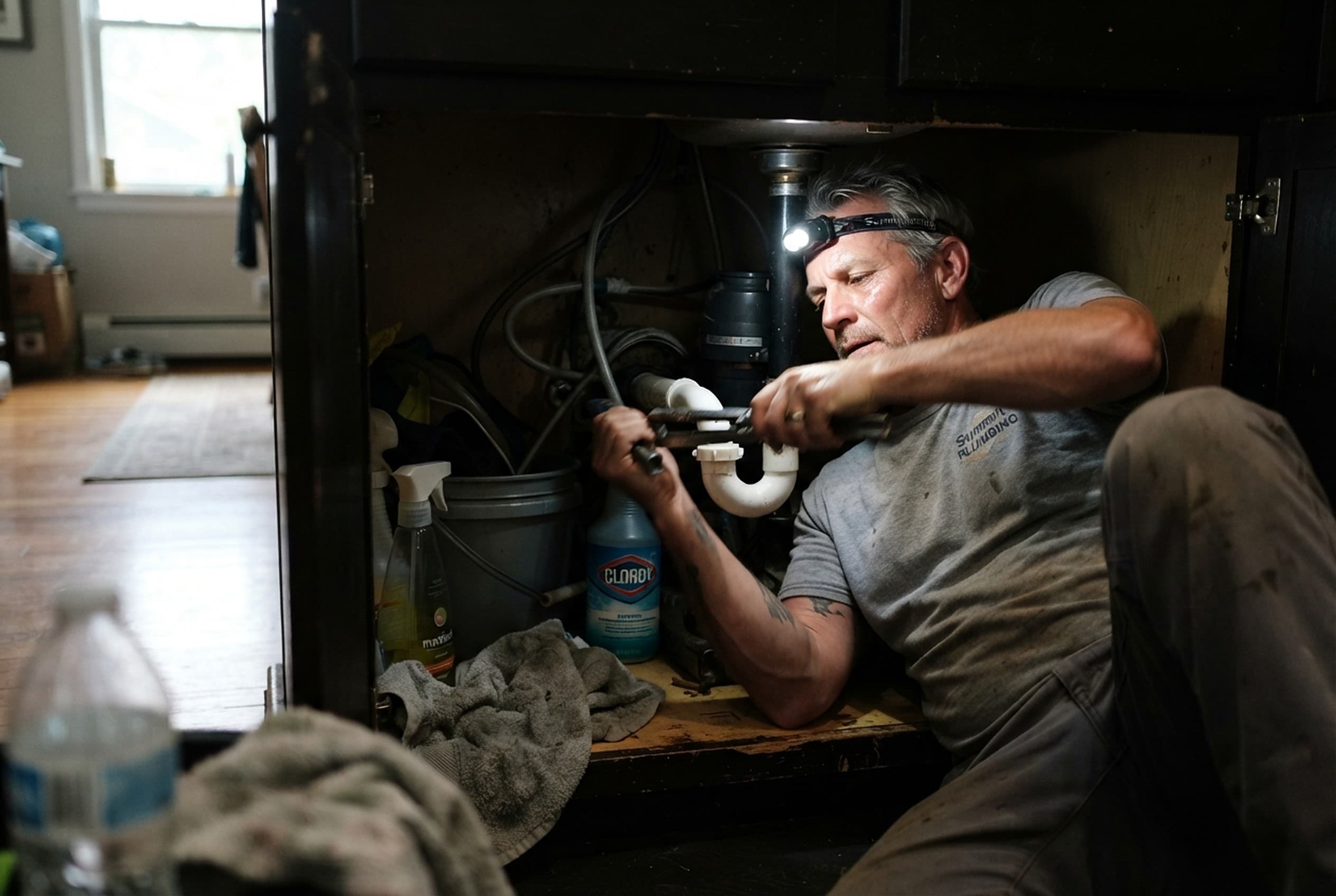 Plumber working under a kitchen sink