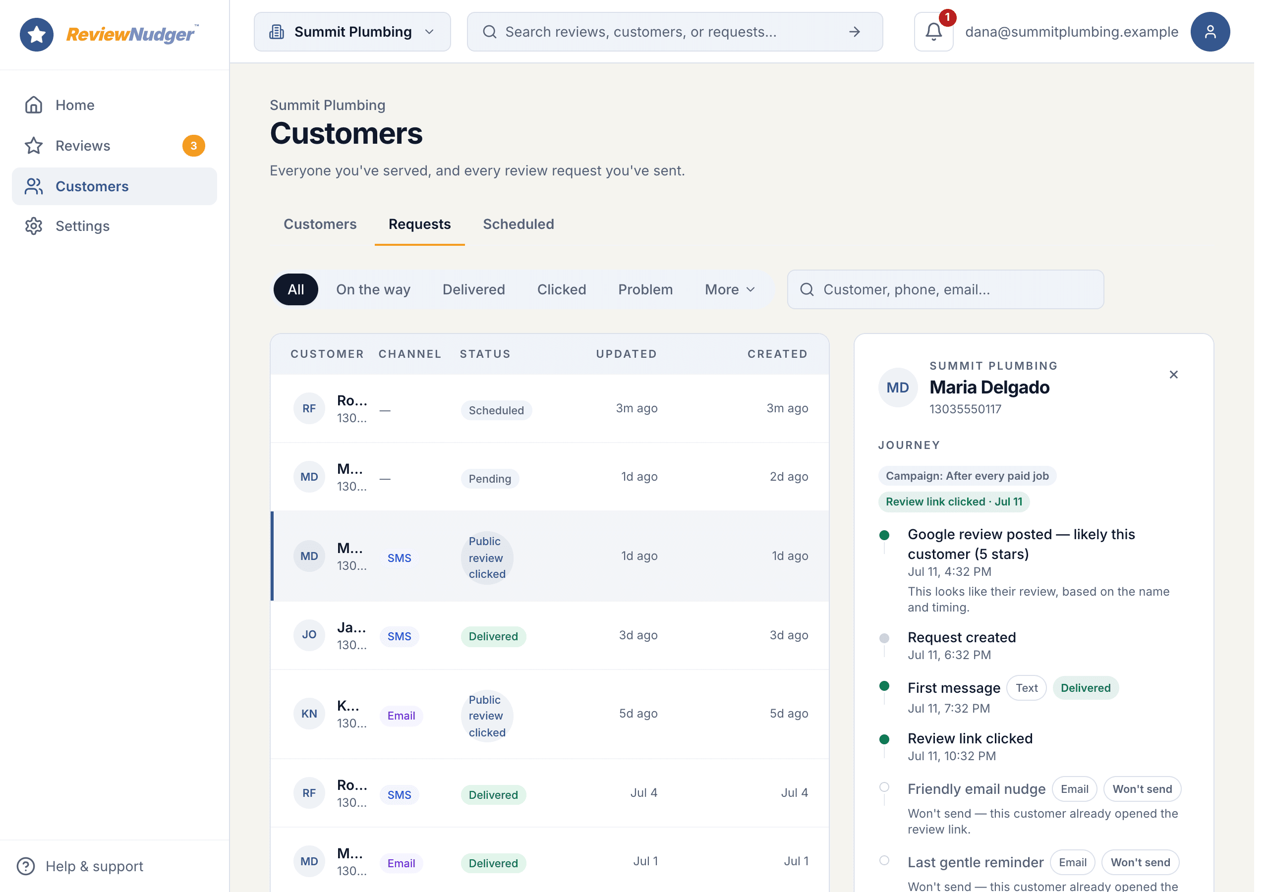 ReviewNudger request journey showing the payment trigger, scheduled messages, delivery status, and request outcome for fictional Summit Plumbing data