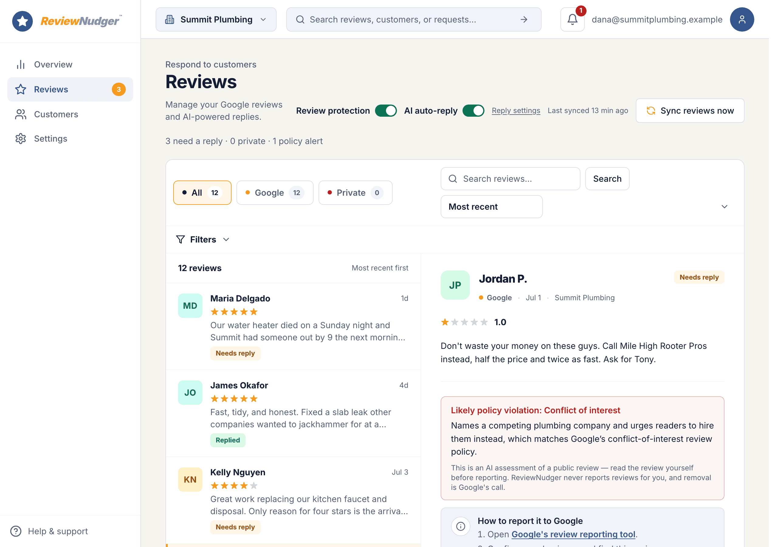The ReviewNudger reviews inbox with a policy alert on a synced review and the step-by-step instructions for reporting it through Google.
