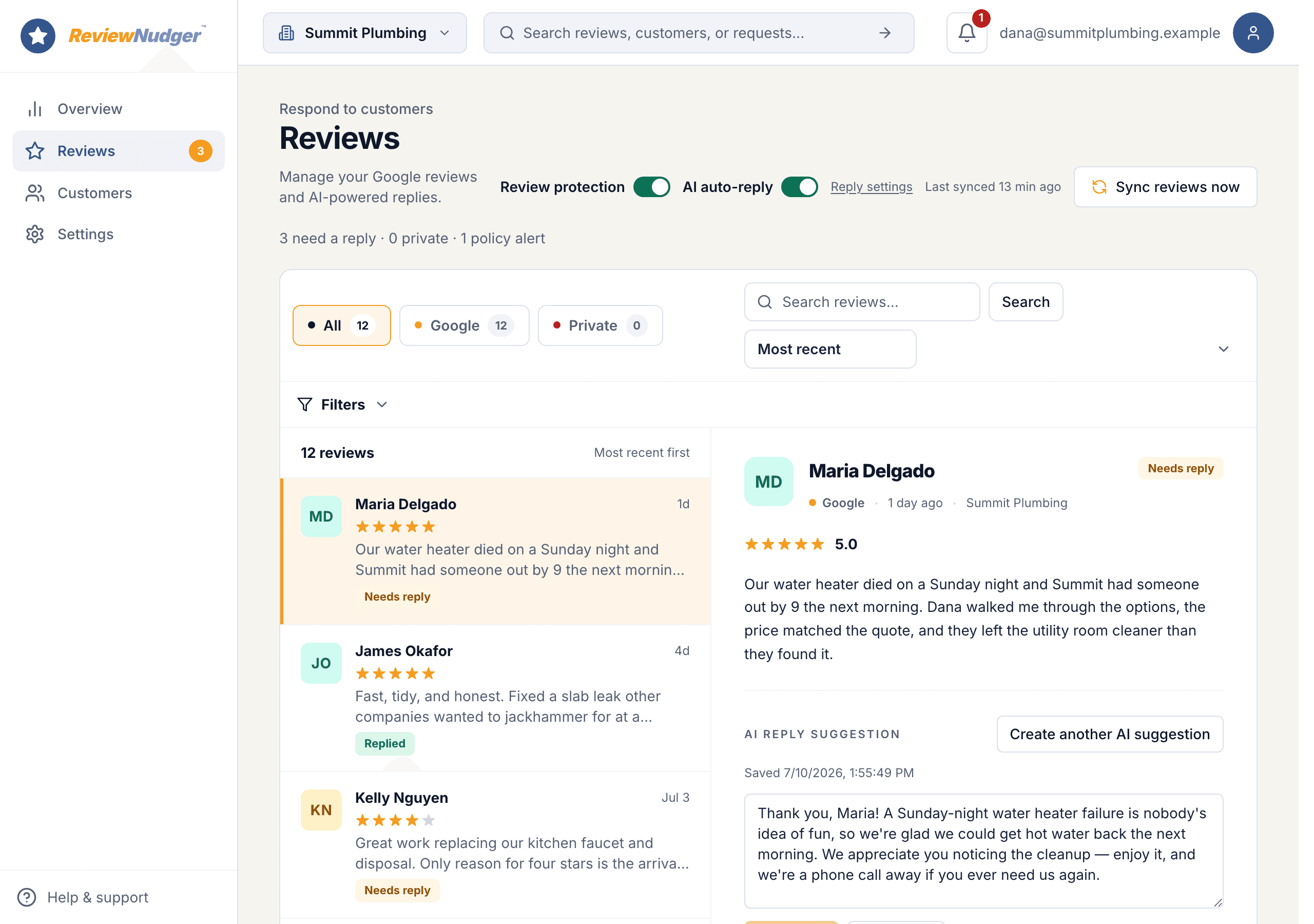 The ReviewNudger reviews inbox with a synced Google review selected and an AI reply suggestion ready to edit and publish.